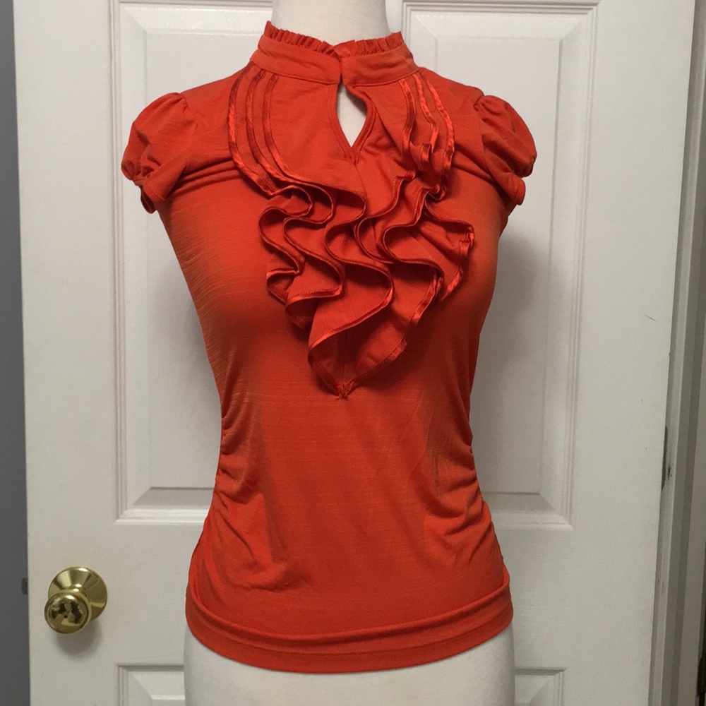 Burnt Orange Blouse with Ruffled Chest